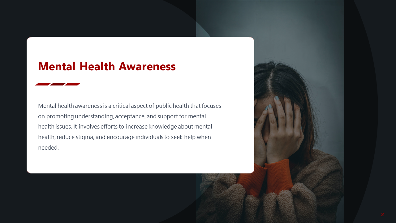 Dark slide with a large white rounded text box on the left and a photo of a woman covering her face on the right.