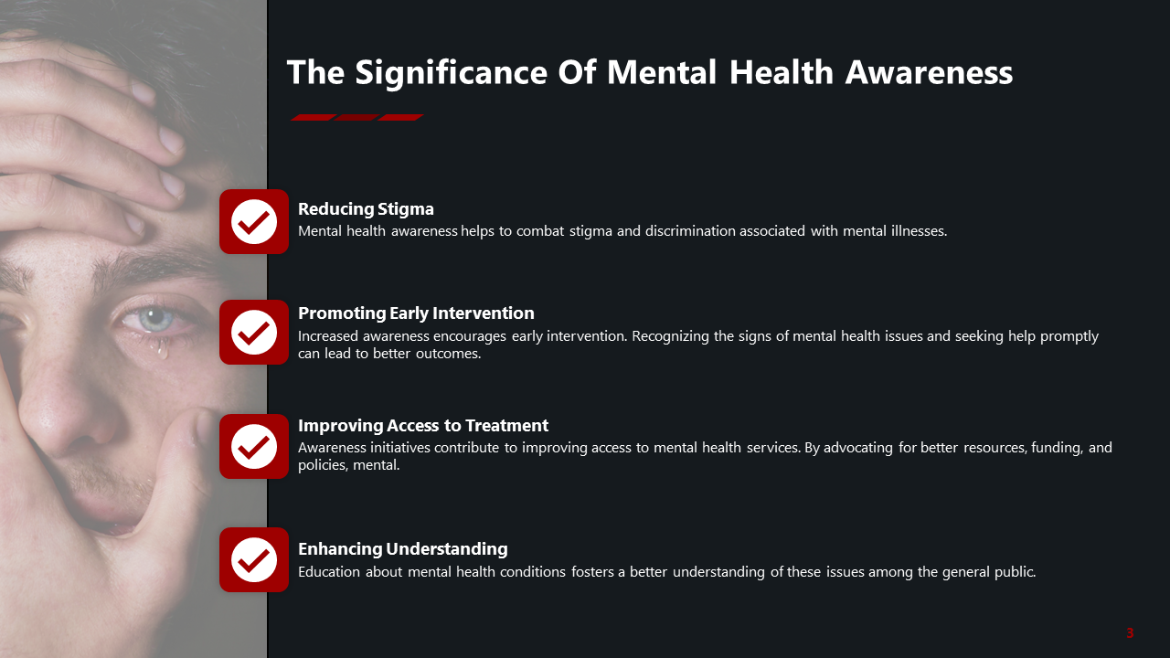 Dark slide with a large photo of a teary eyed man and four red checkmark icons with text listed vertically on the right.