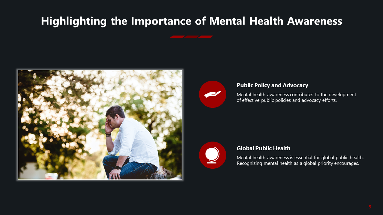 Dark slide with left aligned image of a man sitting outside and two red circle icons with white text on the right.
