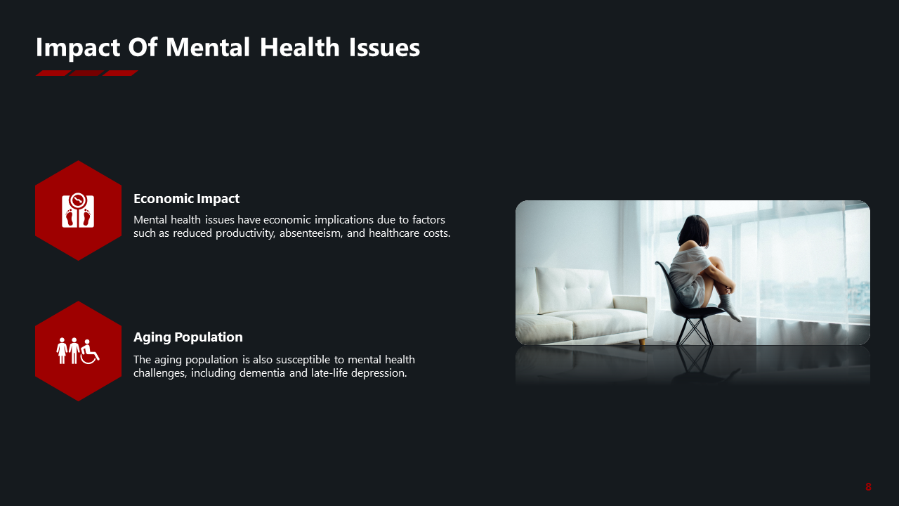 Dark slide with two red hexagon icons on the left and a large photo of a seated woman by a window on the right.