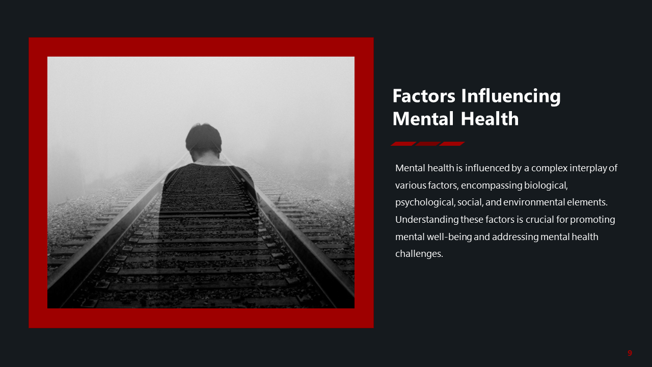 Dark slide featuring grayscale image of a person overlaid on train tracks, with red border, and right aligned white text.