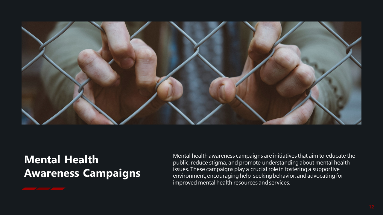 Dark slide with large top image of hands gripping a chain link fence, and text below with a red underline accent.