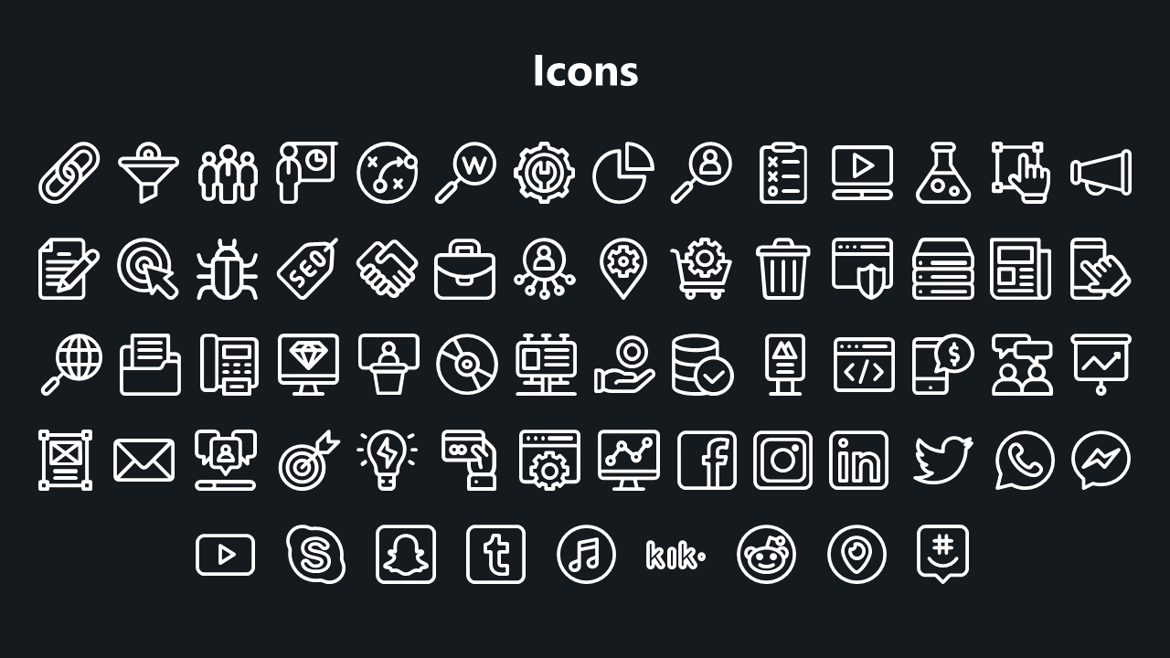 Dark background with grid of white outlined icons, evenly spaced and categorized in five horizontal rows.