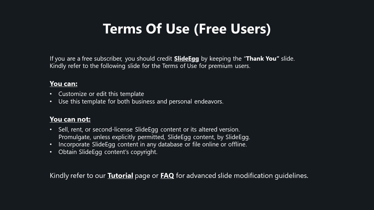 Dark background with white text, bold heading, and two bullet sections arranged vertically with ample spacing.