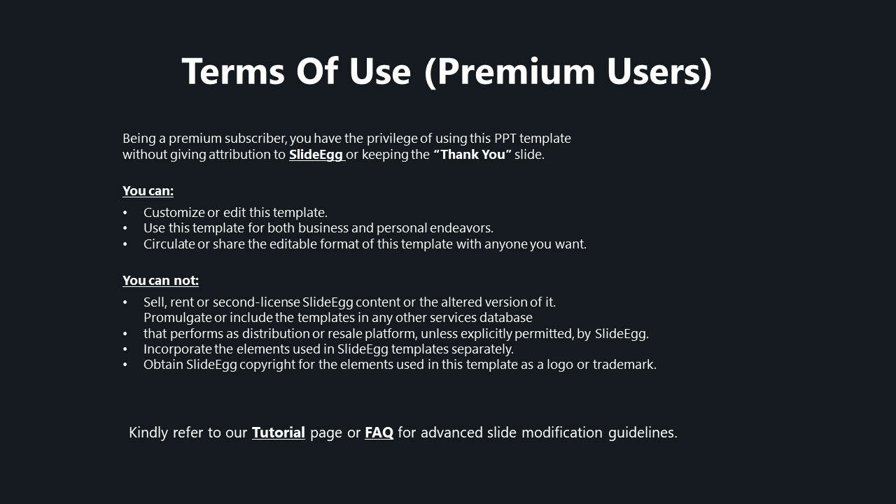Dark slide with white center aligned text, bold heading, and two bullet lists separated by spacing.