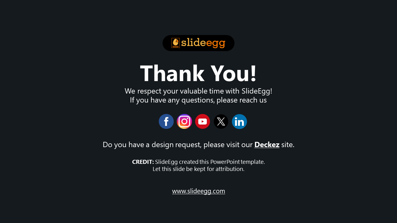 Dark layout with centered white text, circular social icons in bright colors, and a logo on top in orange and black.