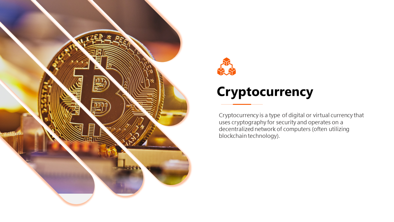 Clean white layout with diagonal orange stripes, featuring an image of a Bitcoin and text on the right.