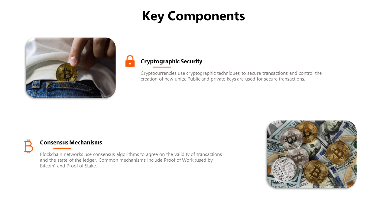 Slide displaying two images of a Bitcoin in a pocket and cryptocurrency coins on top of dollar bills, with orange icons.