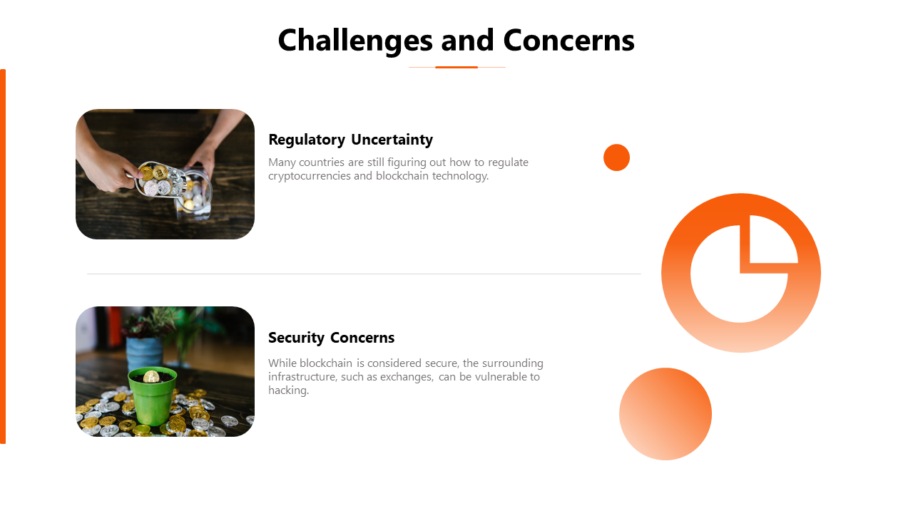 Slide with two images of cryptocurrency and orange circle designs, addressing concerns about blockchain.