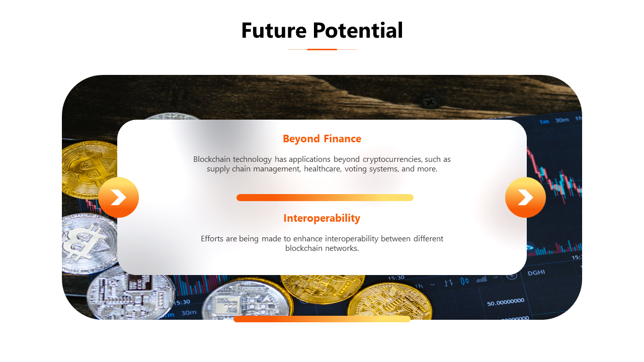 Slide featuring two text sections with orange arrows, surrounded by images of cryptocurrencies and a stock market graph.