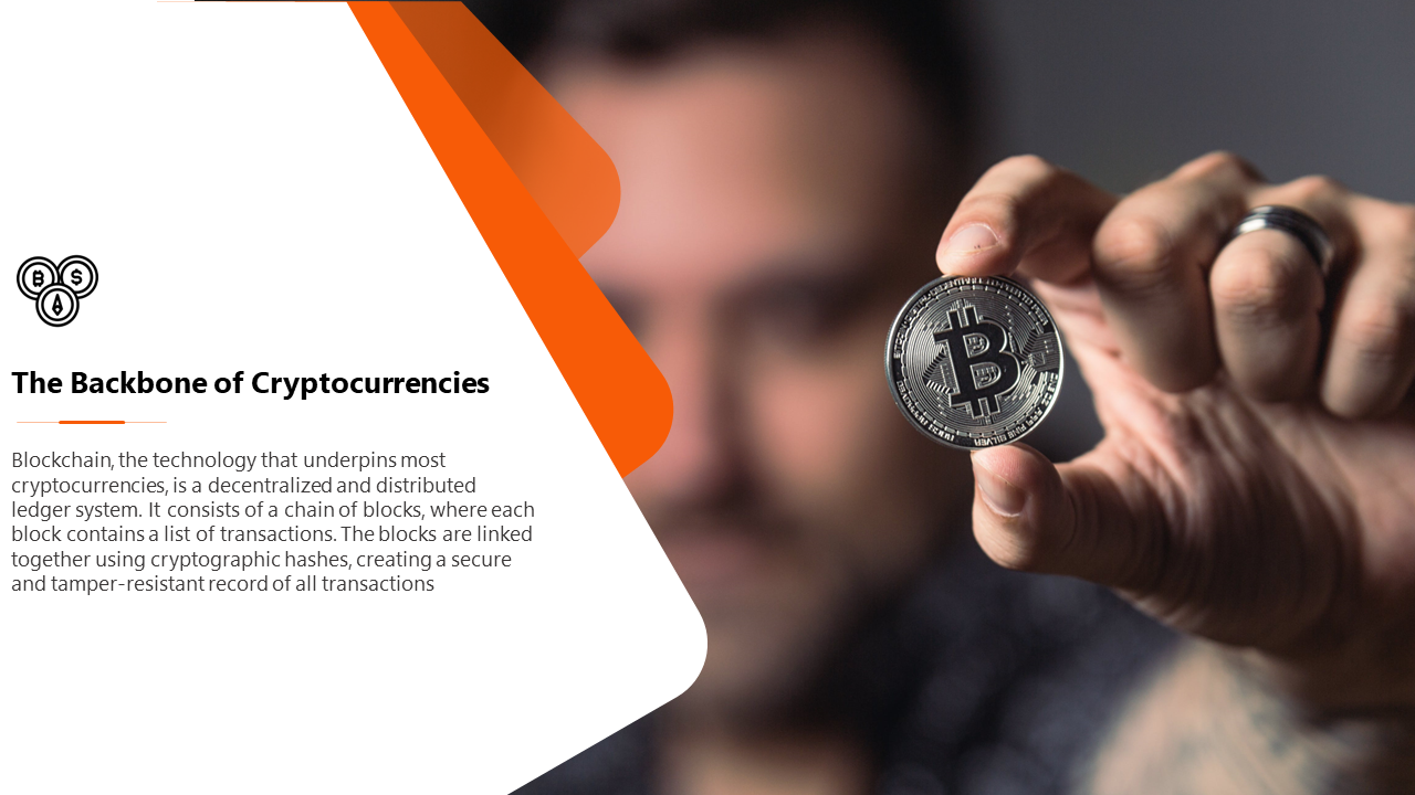 A person holding a Bitcoin coin with a blurred background, and a clean white and orange layout explaining blockchain.