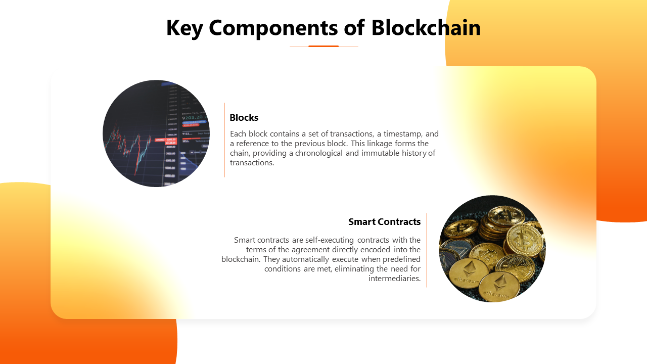 Vibrant background with orange gradients, featuring Two circular images of a stock chart and cryptocurrency, with text.