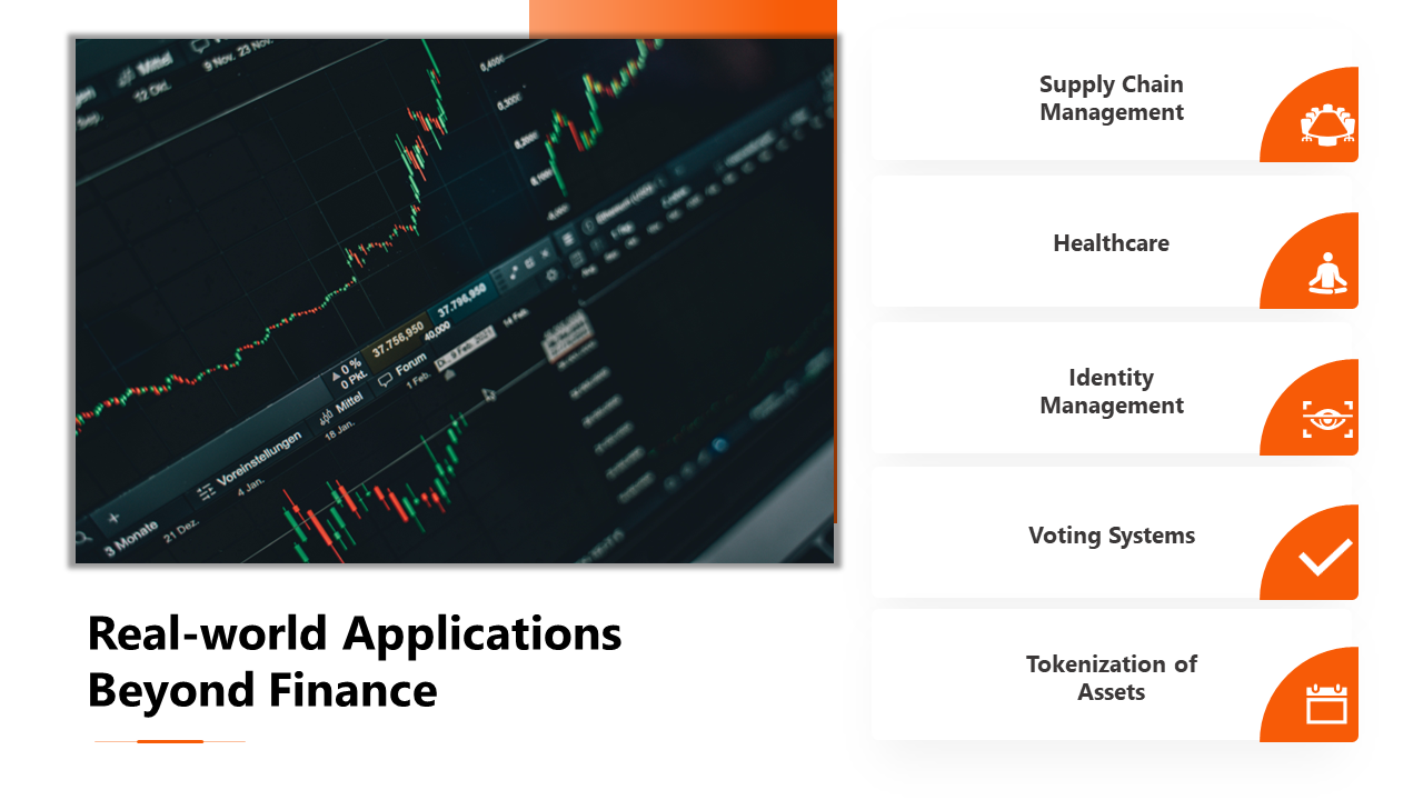 A screen displaying financial chart on the left, and five orange accented icons listing real world applications.