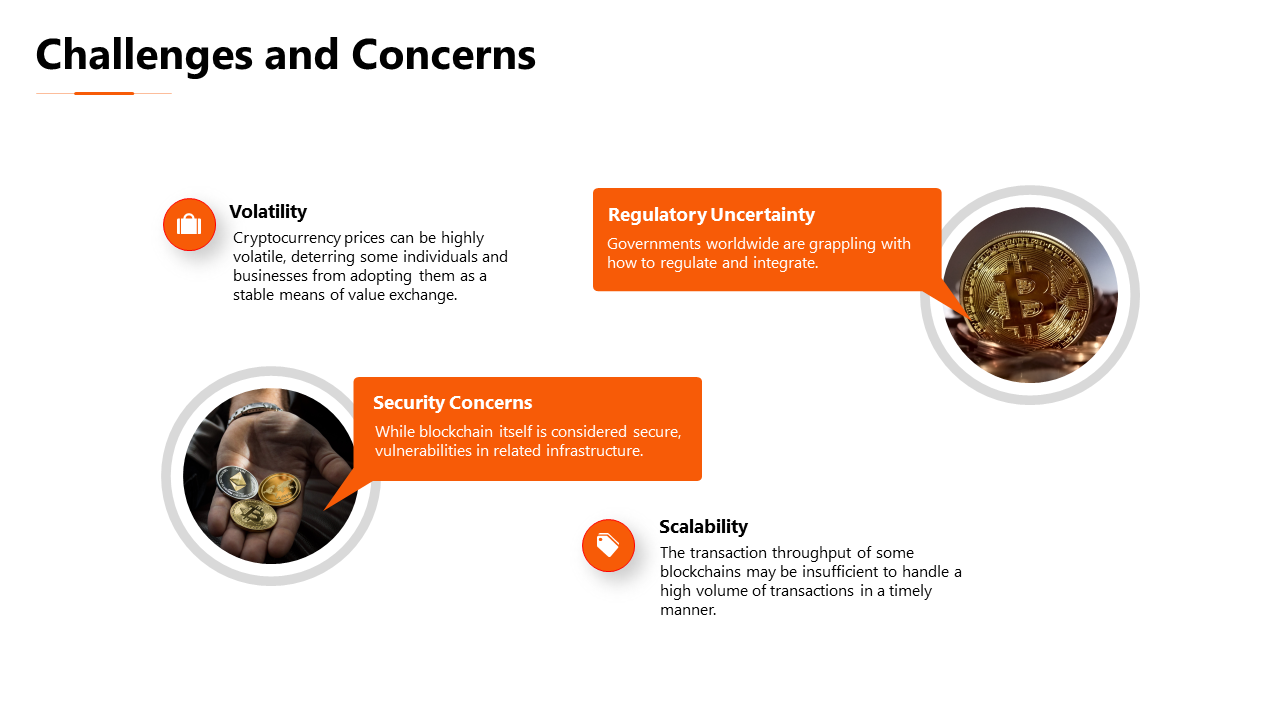 Slide with two circular cryptocurrency visuals paired with orange speech bubbles and icons with text fields.