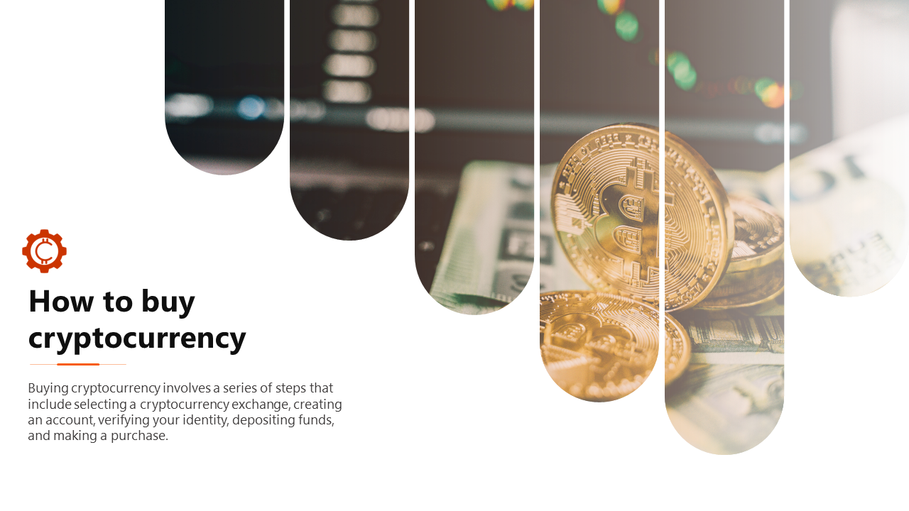 Split layout of Bitcoin coins with a blurred screen on the right, and text steps for buying cryptocurrency beside it.