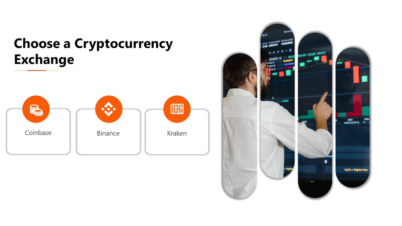 Slide featuring three orange circular icons with text boxes and a split image of a person interacting with a data screen.