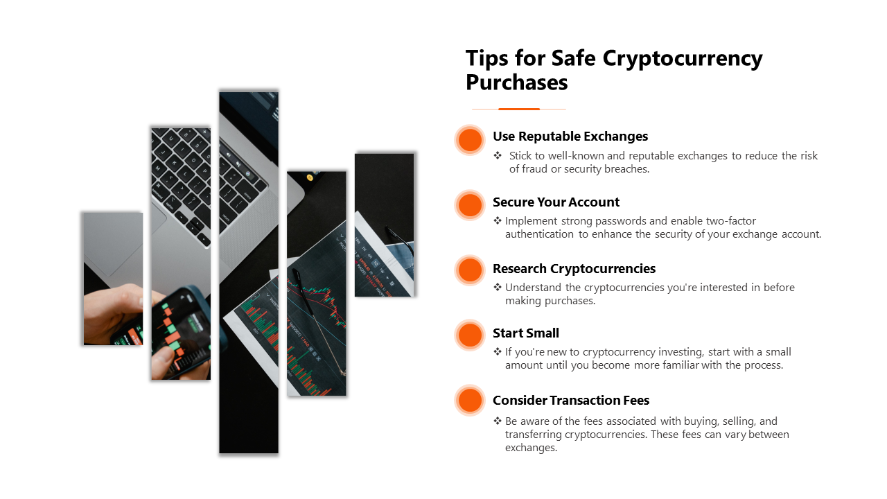 Slide with a vertical split showing a phone with cryptocurrency data and five text placeholders with orange dots.