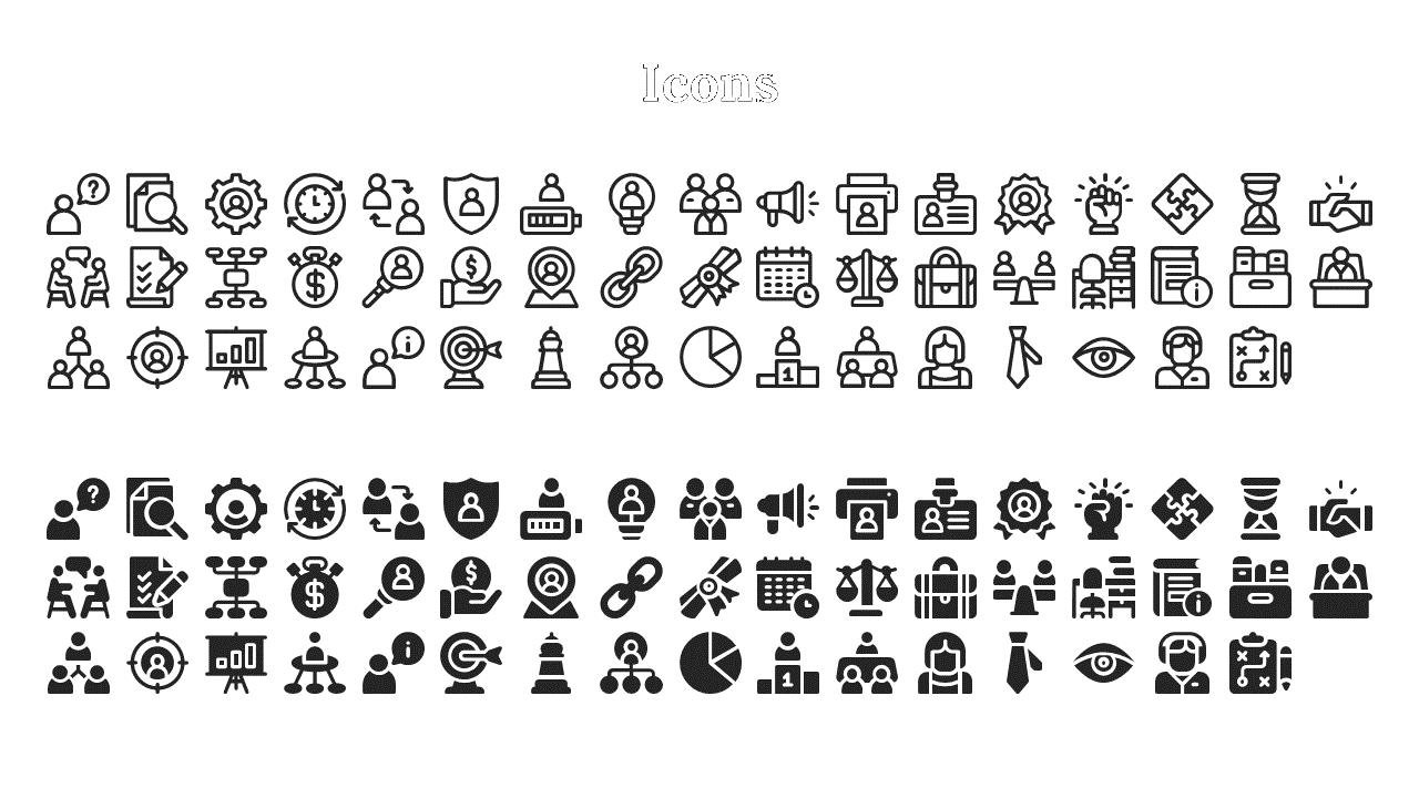 Set of black and white outlined and filled icons depicting social media, business tools, and professional elements.