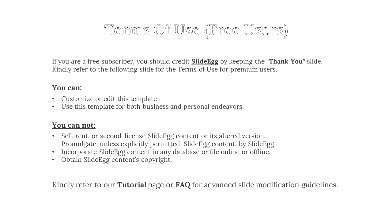 Terms of use slide for free users, detailing guidelines for customizing and using the template, with clear rules.