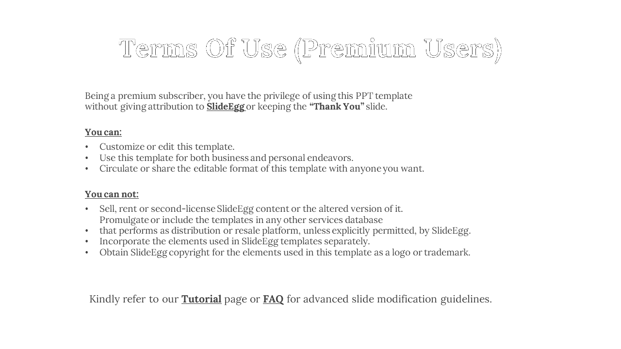 Terms of use slide with detailing permissions and restrictions for premium users, outlined with bullet points in gray text.
