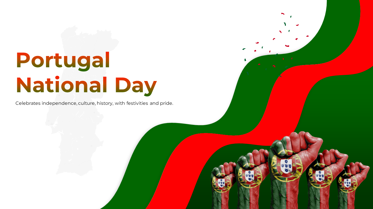 Portugal national day slides, highlighting cultural heritage, modern celebrations, and national symbols with flags and icons.