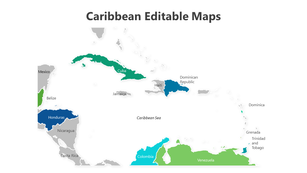 Slide deck featuring maps of the Caribbean, highlighting countries in shades of blue and green with location markers.