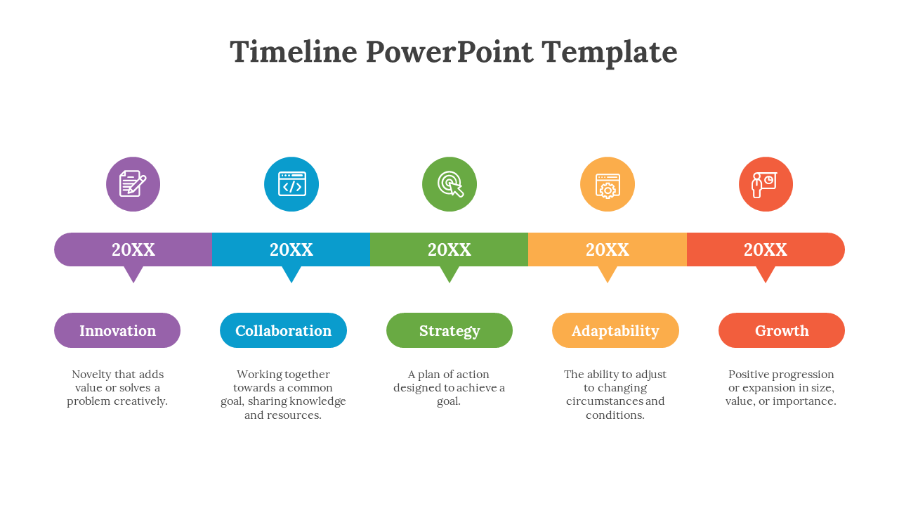 Colorful timeline PowerPoint template featuring five stages with icons and descriptions on a white backdrop.