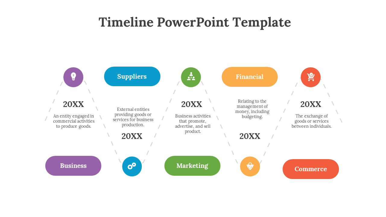Colorful timeline infographic PPT slide with stages of business, suppliers, marketing, financial, and commerce with icons.
