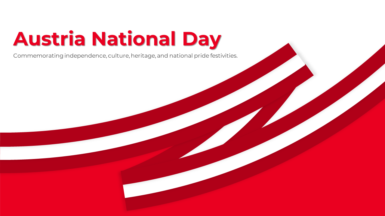 Austria national day slides with red and white themed designs, showing images of flags, cultural events, and celebrations.