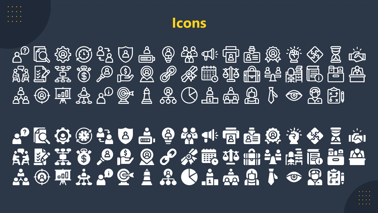 Grid of white line and filled icons arranged on a dark blue backdrop, illustrating business, teamwork, and planning concepts.