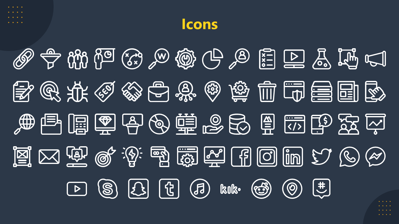 White line icons, evenly spaced on a dark blue background, covering business, and digital media themes with a yellow title.