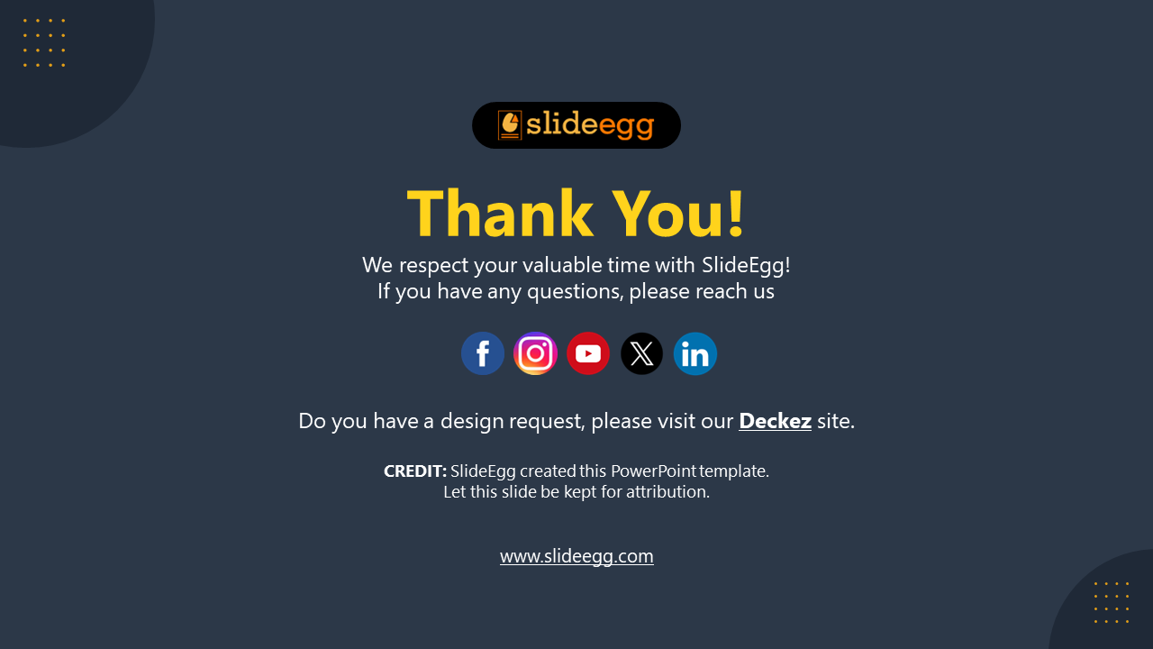 Dark blue slide with a yellow thank you message, featuring social media icons and SlideEgg attribution.