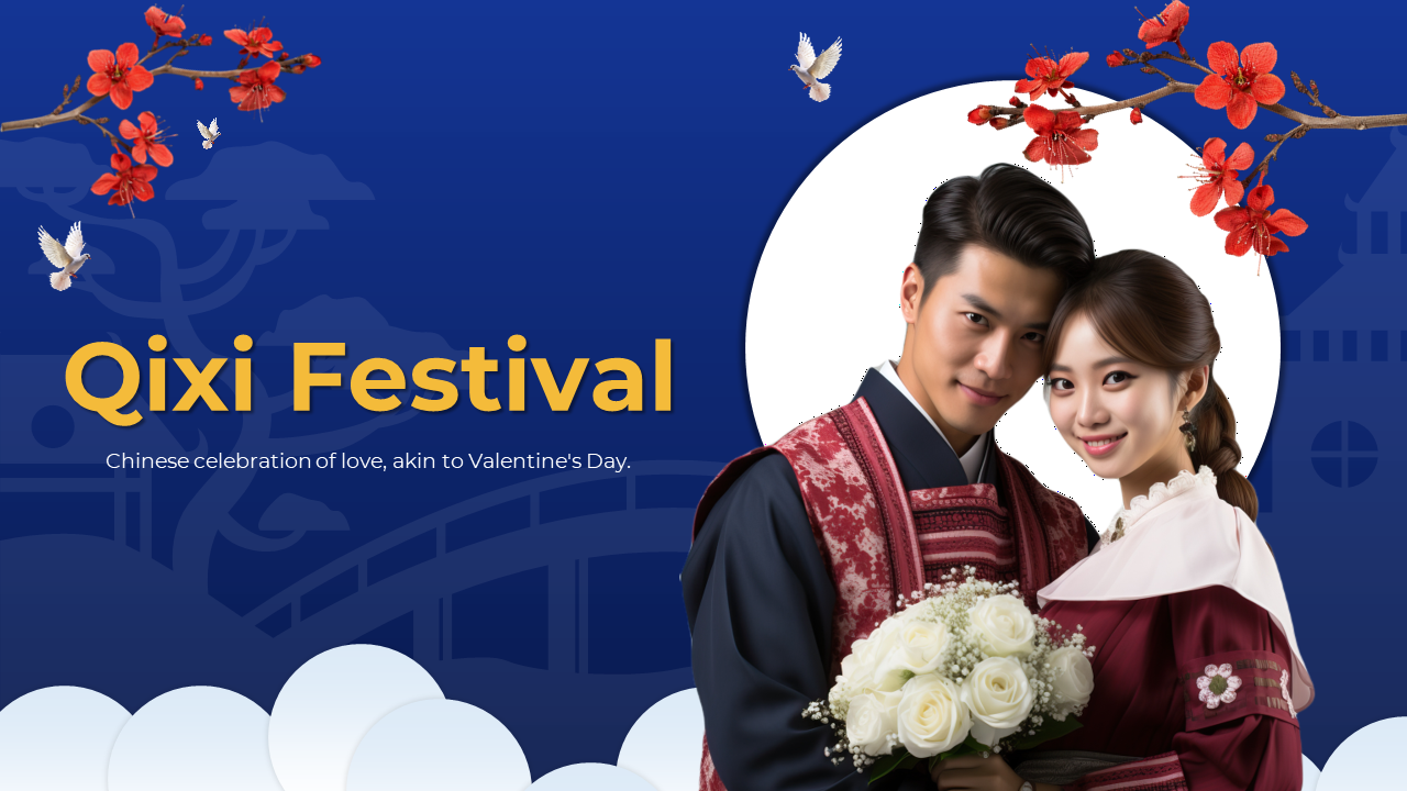 Qixi festival slide deck in blue and yellow theme, featuring images of traditional couples, and festival celebrations.