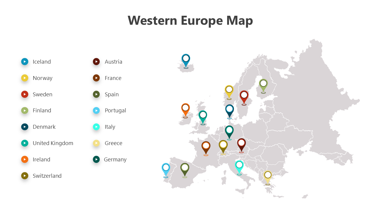 Western Europe map slide deck featuring color coded location markers, country names, and a simplified geographic layout.