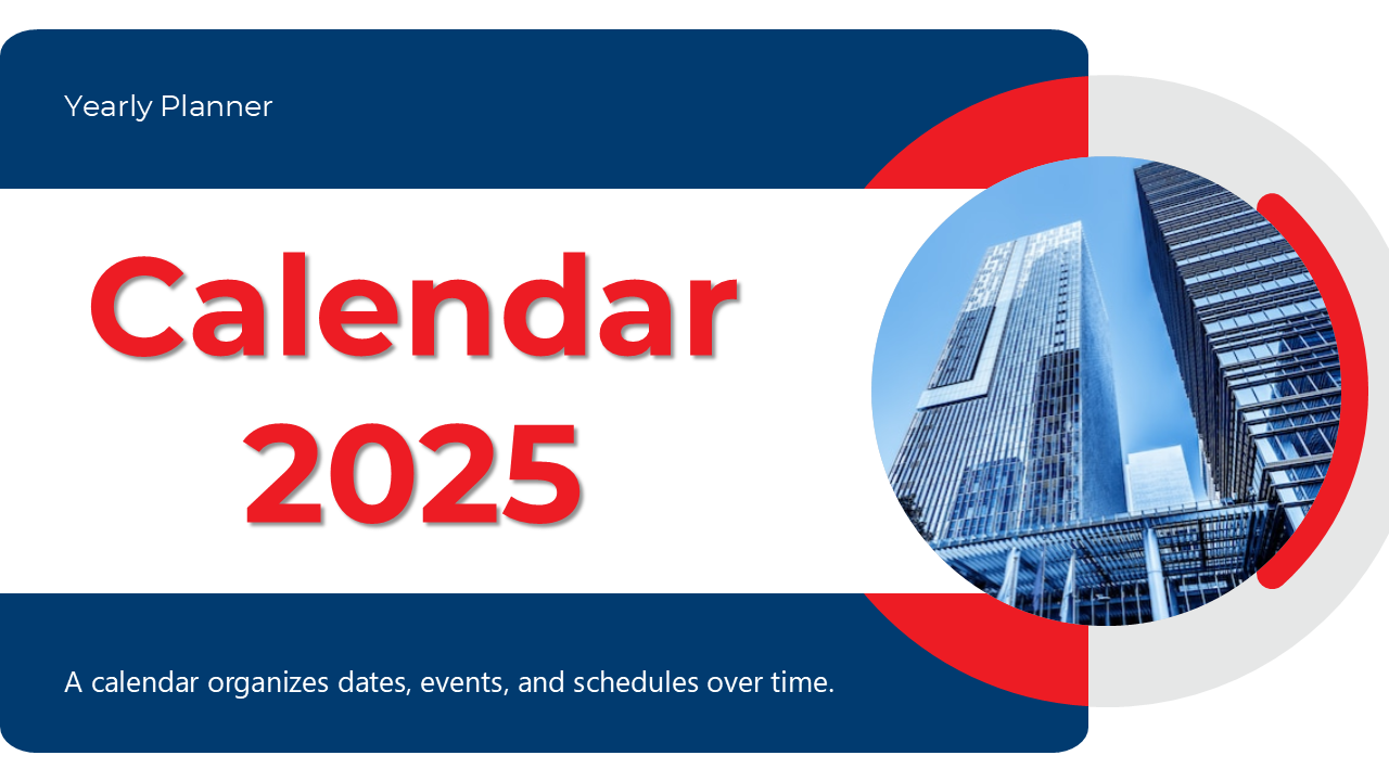 Slide deck containing a series of calendar pages for 2025 featuring red circular accents, in blue background.