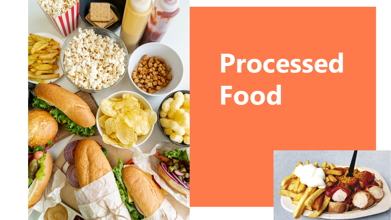 A pack of processed foods PPT slides including burgers, fries, popcorn, and snacks, displayed on a table on an orange theme.