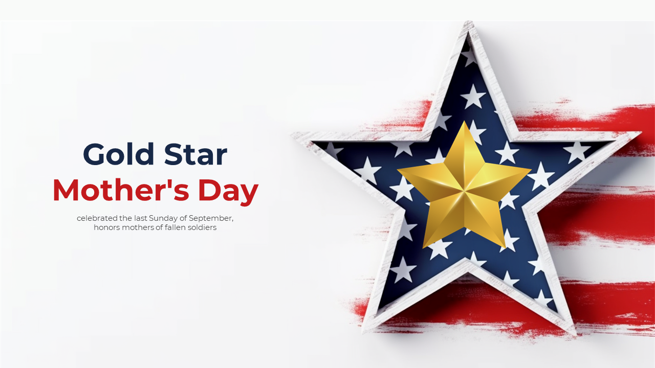 Slides featuring a golden star and American flag backdrop, explaining the history and observances of gold star mother's day.