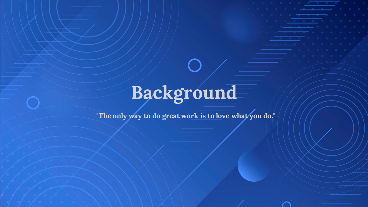Blue themed background with geometric circles and a quote about passion in work.