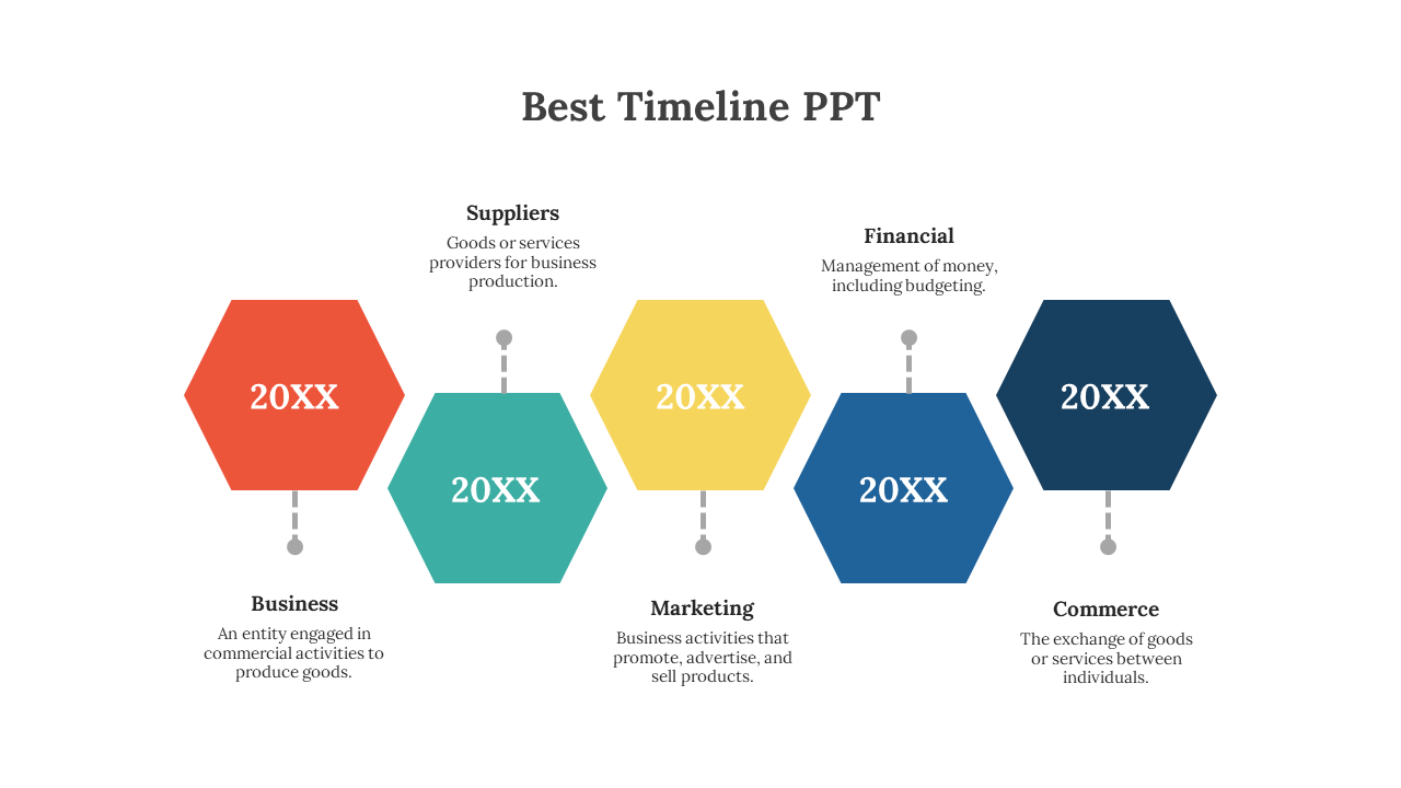 Best Timeline PPT featuring hexagonal icons for business, suppliers, marketing, financial, and commerce on a white backdrop.