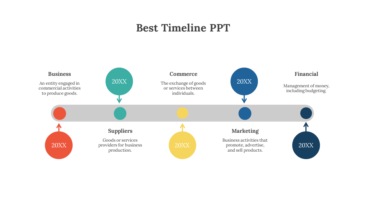 Best Timeline PPT with circular icons for business, suppliers, commerce, marketing, and financial sectors on a white theme.