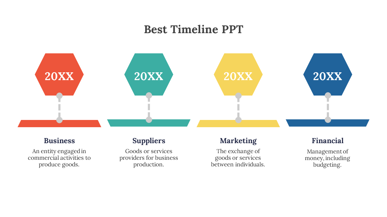 Best timeline PPT slide with colorful hexagonal icons representing business, suppliers, marketing, and financial stages.