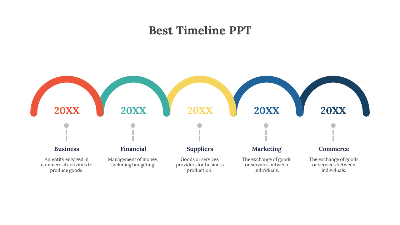 Best Timeline PPT with colored arc shapes representing business, financial, suppliers, marketing, and commerce stages.