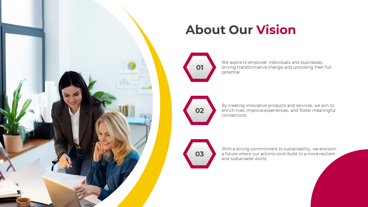 Vision slide with a team collaborating on a project, featuring three key goals on a white backdrop.