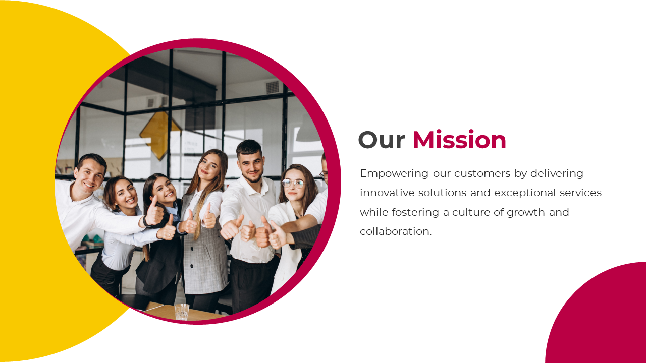 A team of professionals smiling and giving thumbs up with a mission statement on a white, yellow, and red backdrop.