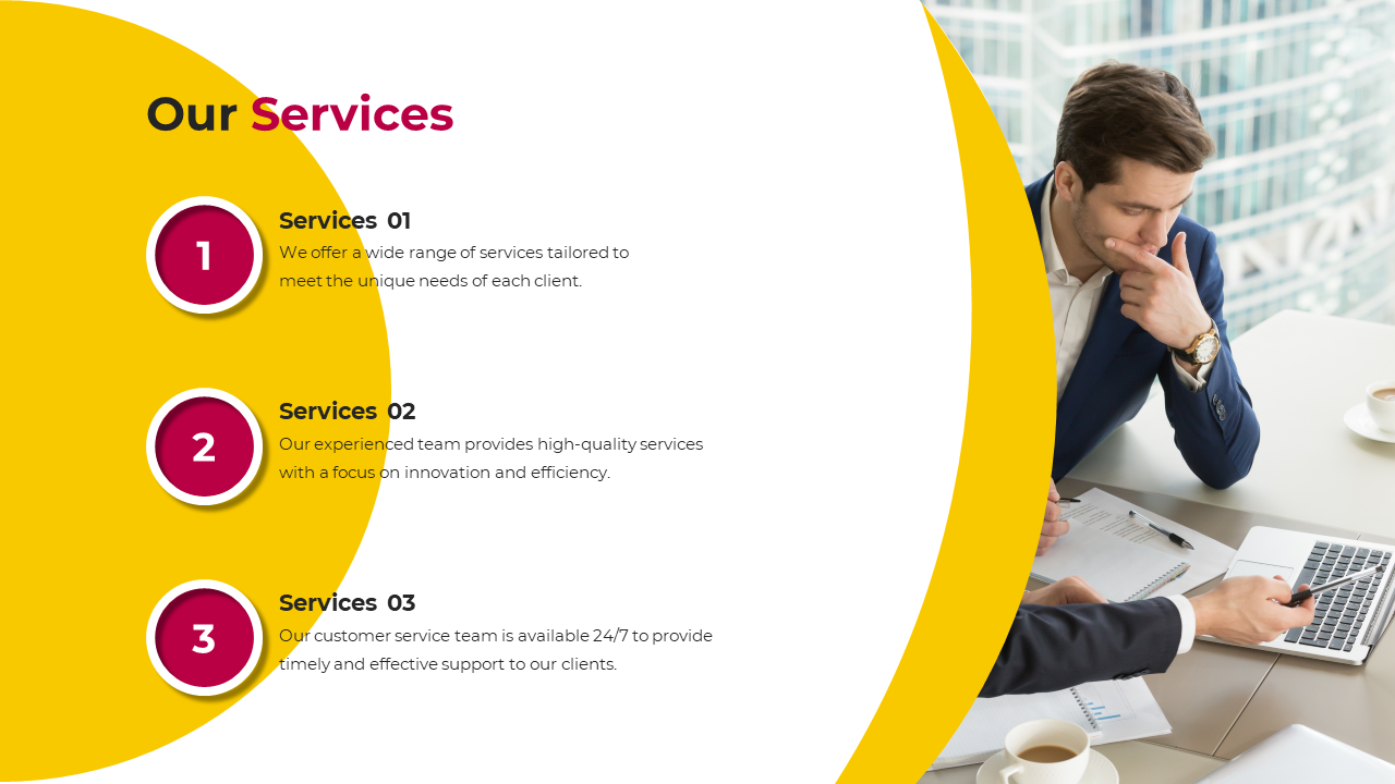 Two professionals working together, discussing the services provided by a company on a yellow and white backdrop.