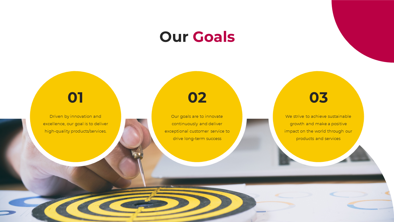 A hand pointing at the center of a dartboard and three yellow circles with descriptions on a white theme.