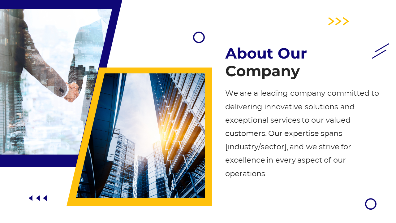 About our company slide featuring a handshake and a modern skyscraper with a message on a white backdrop.