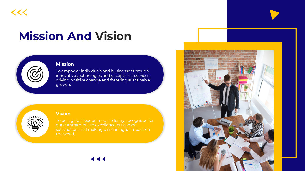 Mission and vision slide featuring a business team discussing strategies and goals with icons on a yellow and blue theme.