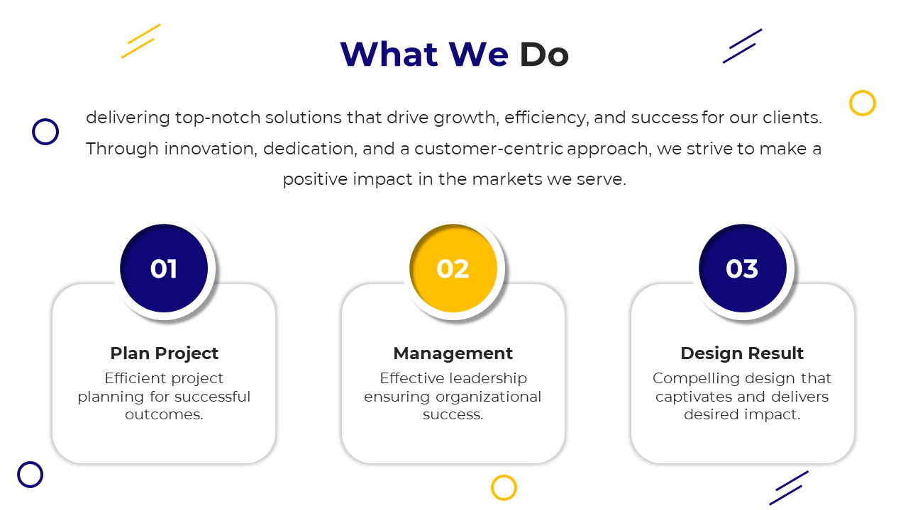 PowerPoint slide showcasing the company's core activities with icons for planning projects, management, and design results.