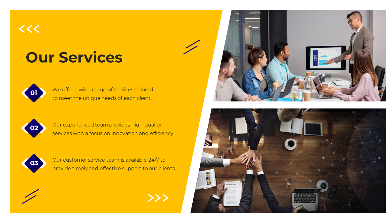 Service overview slide with a yellow theme, presenting the company's expertise in tailored services with descriptions.